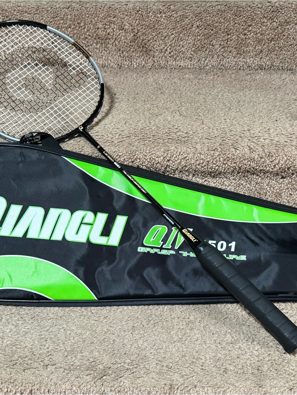 Qiangli Black and Green Badminton Racket with Matching Carry Case set